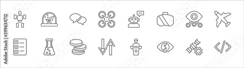 outline set of artificial intelligence line icons. linear vector icons such as artificial atmosphere, speech bubble, robot assistant, bionic eye, aeroplane, check list, science, coins, data