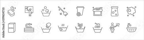 outline set of cleaning line icons. linear vector icons such as cleaning window, washing, dumpster, preservatives, dust, baking soda, garden hose, hand wash, hot water, soak, water soak