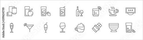 outline set of drinks line icons. linear vector icons such as fruit juice, smoothie, alcohol, tea, bar, absinthe, cosmopolitan, ramos gin fizz, wine, chocolate, lemon juice