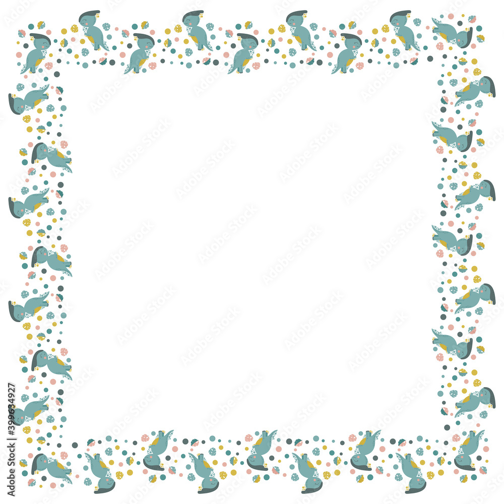 Square frame of cute cartoon joyful parasaurolophus standing on their hind legs in profile, monstera leaves and circles. Funny blank template with place for text. Herbivorous dinosaurs. Vector.