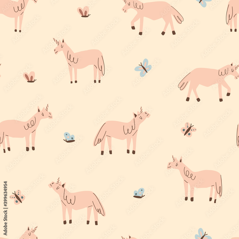 Unicorn and butterflies simple childish vector seamless pattern for kids - for fabric, wrapping, textile, wallpaper, background. Unicorn and butterflies simple childish vector seamless pattern for kids - for fabric, wrapping, textile, wallpaper, background.