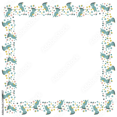 Square frame of cute cartoon joyful parasaurolophus standing on their hind legs in profile, monstera leaves and circles. Funny blank template with place for text. Herbivorous dinosaurs. Vector.