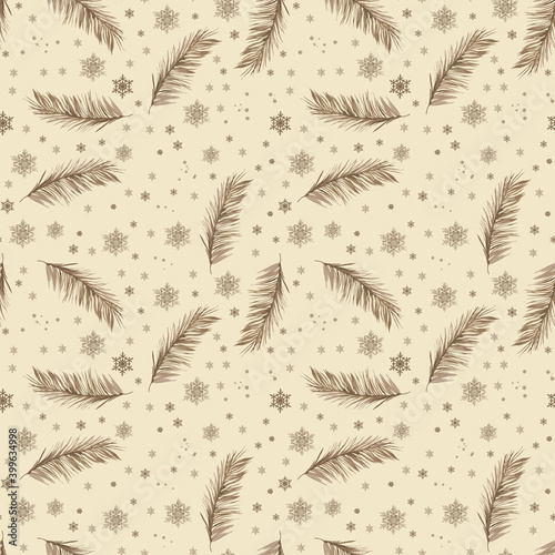 Hand drawn abstract Christmas seamless pattern with fir branches and snowflakes isolated on beige background
