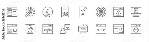 outline set of programming line icons. linear vector icons such as seo tools, java, js, error, article, web page, authorize, clean code, developer, script, simulation