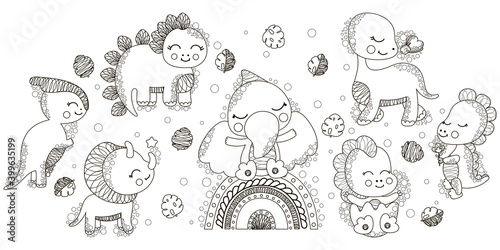 Set of black and white cute cartoon joyful kawaii dinosaurs and monstera leaves. Isolated contour clip-art for children and toddlers. For nursery decor, coloring book and page, digital stamps. Vector.