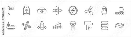 outline set of nautical line icons. linear vector icons such as life jacket, sailor cap, big compass, ballast, wood raft, yacht facing right, paddles, raft, capsizing, boat engine, watercraft