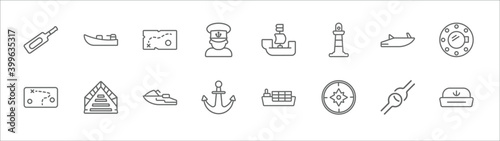 outline set of nautical line icons. linear vector icons such as skiff, nautical map, pirate ship, roofless speed boat, boat porthole, treasure map, afterdeck, jetski facing right, anchor, azimuth