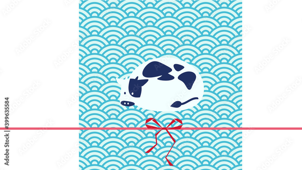 牛と青海波模様の和風イラスト素材 牛と青海波模様の和風イラスト素材
