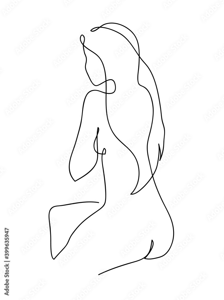 Naked Woman With Long Hair Line Art Style Continuous Line Drawing