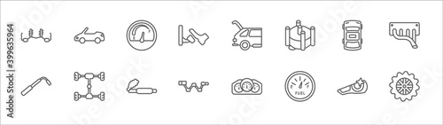 outline set of car parts line icons. linear vector icons such as car soft top, car petrol gauge, boot, roof, manifold, wheel brace, axle, tailpipe, crank, fuel gauge, sprocket