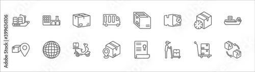 outline set of delivery and logistics line icons. linear vector icons such as factory, package, parcel, delivery delay, shipping, pin, earth grid, scooter delivery, localize, man, moving