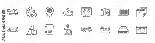 outline set of delivery and logistics line icons. linear vector icons such as package checking, global distribution, delivery monitor, barcode, box, cargo bus, freight, dossier, weight limit, ship