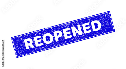 Grunge REOPENED rectangle stamp seal. REOPENED hole phrase is located inside rectangle with frame. Rectangular seal with grunge texture in blue color.