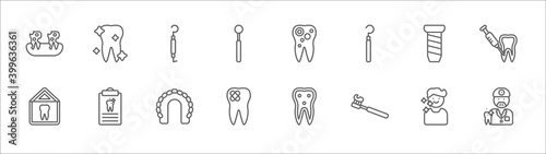 outline set of dentist line icons. linear vector icons such as shiny tooth, periodontal scaler, bicuspid, implant fixture, dental needle, dental house, medical appointment, maxilla, damaged tooth,