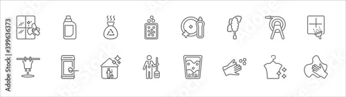 outline set of cleaning line icons. linear vector icons such as bleach, trash bag, washing dishes, garden hose, window cleaner, soak, baking soda, cleaning house, housekeeping, hands, wash
