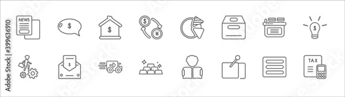 outline set of business line icons. linear vector icons such as speech bubbles with dollar, mortgage loan, pie chart statistics, work table, ideas to earn money, employee going to work, envelope