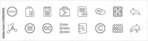 outline set of content line icons. linear vector icons such as paste, note, text format, thumbnails, reply, nodes, drawer, creative commons, priority, copyright, reply all