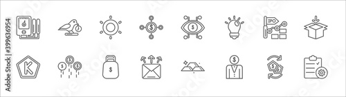 outline set of crowdfunding line icons. linear vector icons such as early bird, gif, bionic contact lens, ipo, packaging, kickstarter, funding, donation, mailing, investor, project