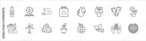 outline set of ecology line icons. linear vector icons such as hydro power, pollution, water energy, renewable, bonsai, waste, eco turbine, reuse, eco plant, nature, ozone layer