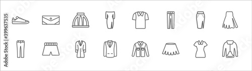 outline set of clothes line icons. linear vector icons such as purse  tulle skirt  polo shirt  slit skirt  peplum skirt  chinos pants  boxer  trench coat  blazer  circle nylon jacket