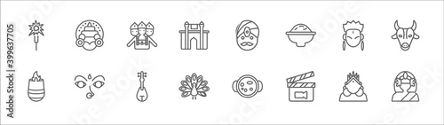 outline set of india line icons. linear vector icons such as kathakali, brahma, indian man, krishna, indian cow, tandoori, navratri, veena, peacock, bollywood, parvati