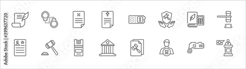 outline set of law and justice line icons. linear vector icons such as criminal, crime letter, recorder, corporative law, veict, criminal record, gavel, pepper spray, law and justice, attorney,