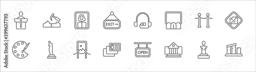 outline set of museum line icons. linear vector icons such as geological, el greco, audio guide, museum fencing, no photo, palette, venus de milo, exhibition, postcards, buffalo, relics