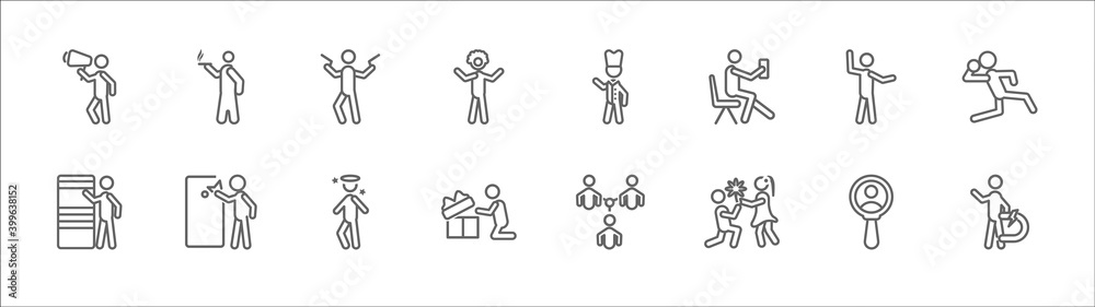 outline set of people line icons. linear vector icons such as smoking man, gangsters, chef uniform, goodbye, shot put, knocking, man knocking a door, boy angel head, open present box, boy giving