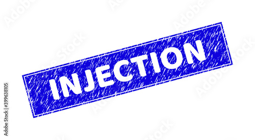 Grunge INJECTION rectangle stamp seal. INJECTION stencil caption is located inside rectangle with frame. Rectangular seal with distress texture in blue color.