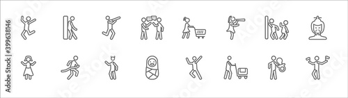 outline set of people line icons. linear vector icons such as man leaning against the wall, dancing man, woman with shopping cart, hide and seek, chinese man, getting dressed, running at finish