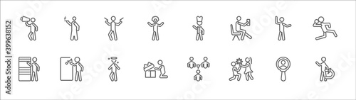 outline set of people line icons. linear vector icons such as smoking man, gangsters, chef uniform, goodbye, shot put, knocking, man knocking a door, boy angel head, open present box, boy giving