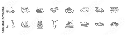 outline set of transportation line icons. linear vector icons such as camper car, icebreaker ship, police car, military helicopter, double decker bus, micro scooter, schooner, train front, scooter