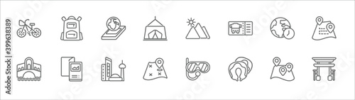 outline set of travel line icons. linear vector icons such as student backpack, geography book, egyptian pyramids, time zone, road map, venice, brochure, toronto, unfolded map with location mark,