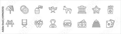 outline set of united states line icons. linear vector icons such as donut, bake, democrat, independence day, french fries, golden gate, director chair, blessings, george washington, usa, casino