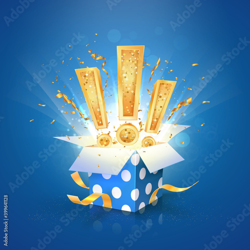 Win a prize giftbox vector illustration. Open textured blue box with exclamation marks and confetti explosion inside and on blue background. Isolated design elements