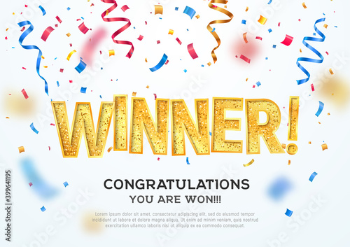Golden winner word on white background with colorful confetti. Winning vector illustration template. Congratulations with absolutely victory.