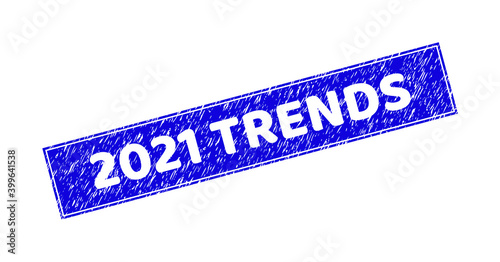 Grunge 2021 TRENDS rectangle stamp seal. 2021 TRENDS carved shape caption is located inside rectangle with border. Rectangular seal with grunge texture in blue color.