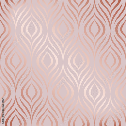 Vector seamless pattern. Rose gold. Peacock feather. Roses golden stylish floral texture. Abstract marble geometric background. Flowers design for prints. Stylized ditzy ornament. Elegant bird plumage