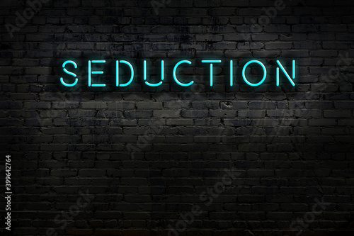 Night view of neon sign on brick wall with inscription seduction photo