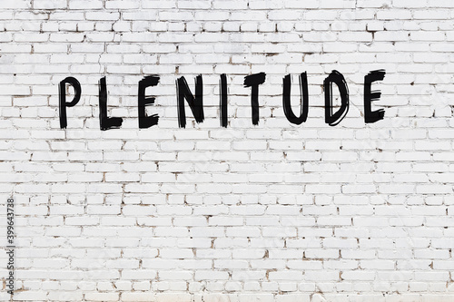 Inscription plenitude painted on white brick wall photo