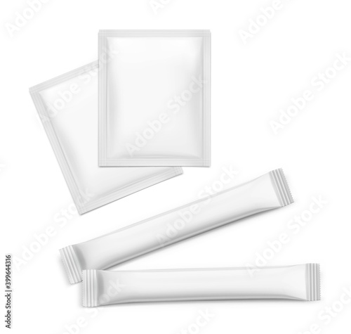 Set of sachets and sticks mockups. Front view. Vector illustration isolated on white background. Can be use for food, medicine, cosmetic and etc. Ready for your design. EPS10.