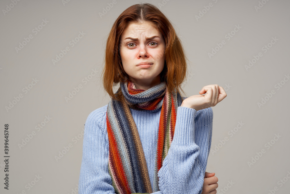 pretty woman wearing scarf model gray background red hair cropped view pretty woman wearing scarf model gray background red hair cropped view