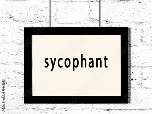 Black frame hanging on white brick wall with inscription sycophant