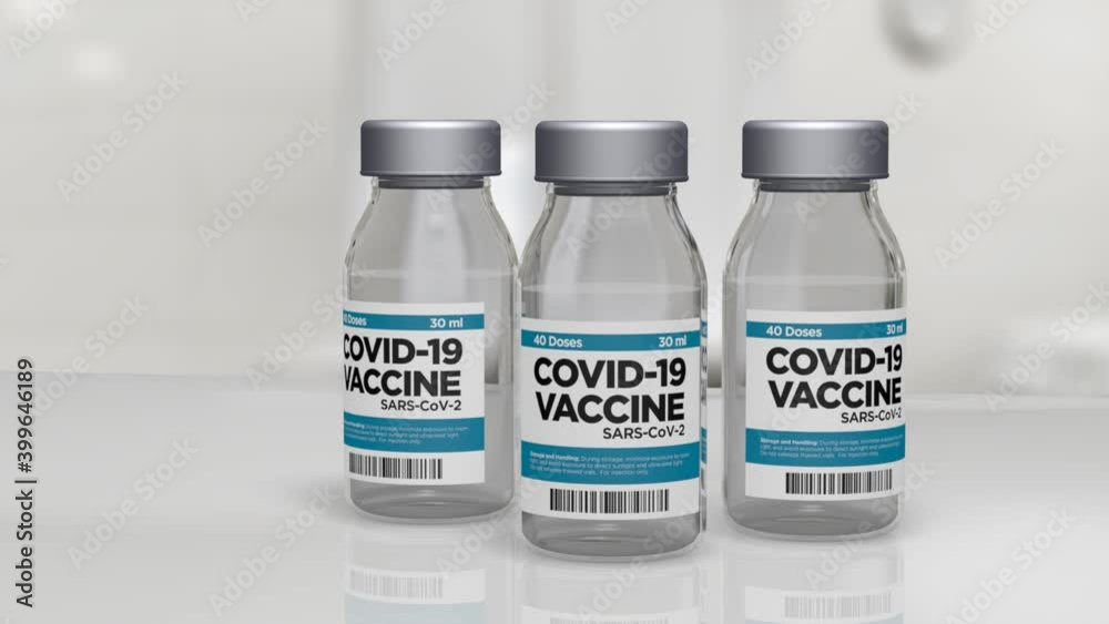 Covid 19 Vaccine - 3D Illustration Animation - 3 Bottles sitting on White Counter Top