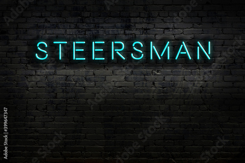 Neon sign. Word steersman against brick wall. Night view