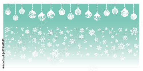 Winter Holiday concept. Christmas ornaments and snowflakes illustration on green gradation background. Vector illustration for banner design and winter background. 冬のイラスト、オーナメントと雪片、クリスマスイラスト