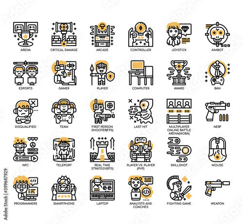 Set of esport thin line and pixel perfect icons for any web and app project.
