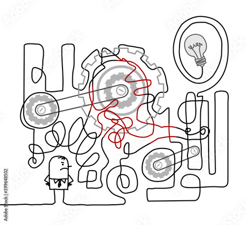 Upset Cartoon Man with big Tangled Machine that does not work