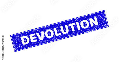 Grunge DEVOLUTION rectangle stamp seal. DEVOLUTION carved shape text is located inside rectangle with border. Rectangular seal with grunge texture in blue color.