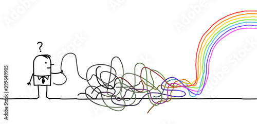 Confused Carton man with Tangled Gray lines going to a Rainbow